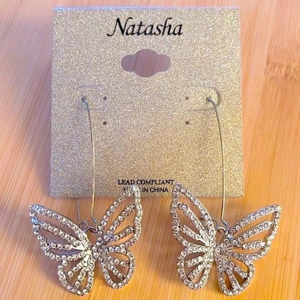 Brand New Natasha Rhinestone Butterfly Silver Tone Drop Earrings Sparkly